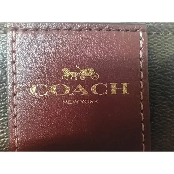 COACH Signature Monogram Dark Brown/Burgundy Corner Zip Wristlet  - EUC - Picture 4 of 5